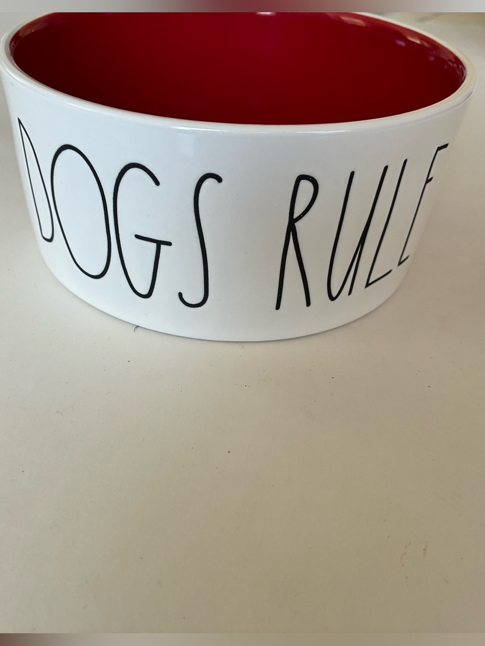 Rae Dunn White Ceramic Dog Bowl with Red Interior Dogs Rule NWOT Never Used